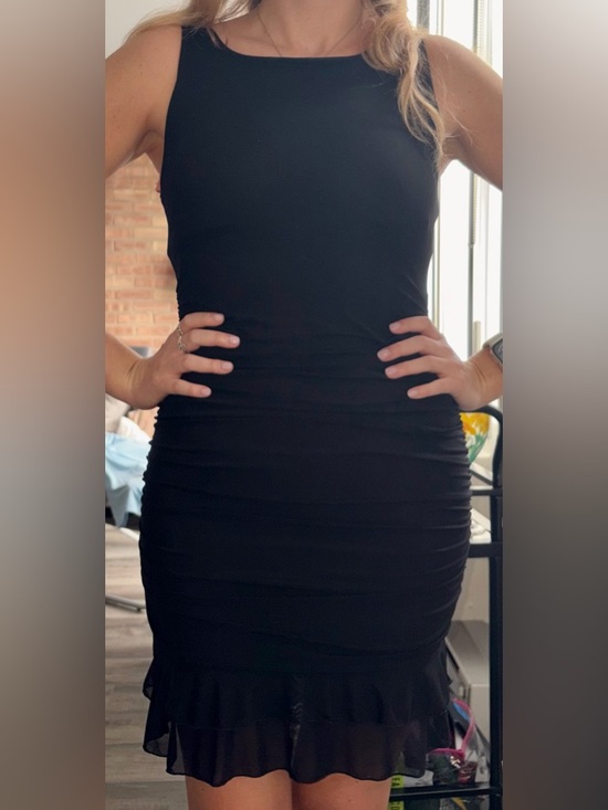 HOCILLE Black Boat Neck Bodycon Ruffle Hem Mini Dress - Picture 10 of 12